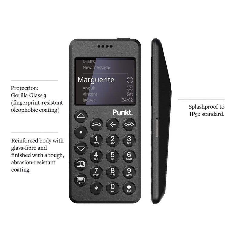Punkt. MP02 Minimalist 4G LTE Cell Phone - AT&T/T-Mobile w/ Nano-SIM, 2GB RAM, 16GB Storage - Black (Refurbished)