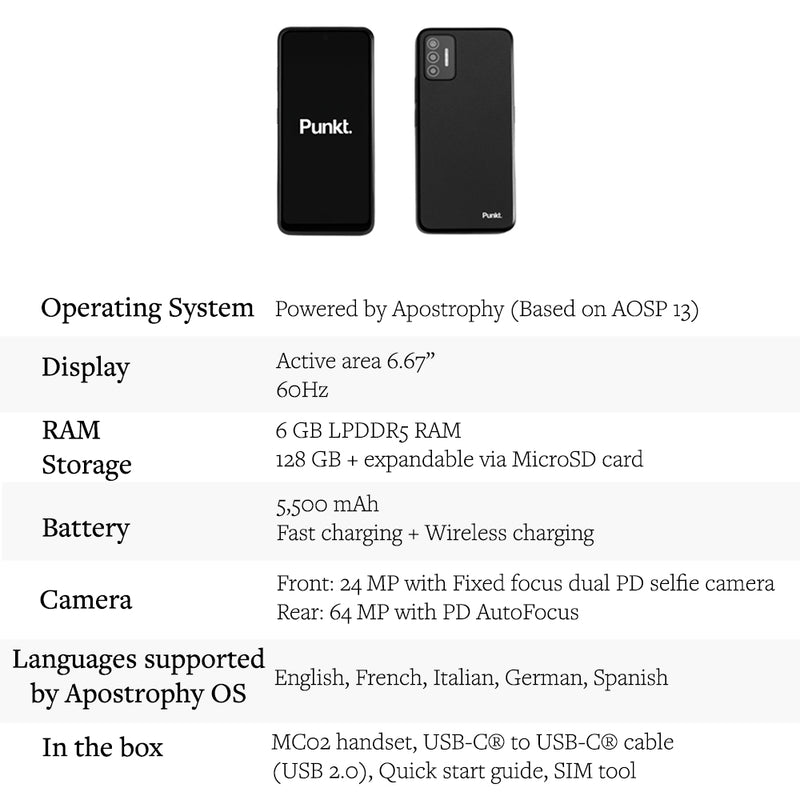 Punkt. MC02 Smartphone - Built-In VPN, 5G & 4G LTE, 6GB RAM, 128GB Storage, 4K Video, & 64MP Camera (Refurbished)