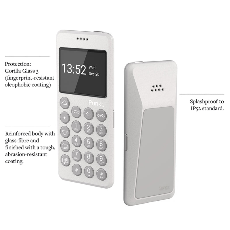 Punkt. MP02 Minimalist 4G LTE Cell Phone AT&T/T-Mobile Nano-SIM 2GB RAM 16GB Storage - Light Grey